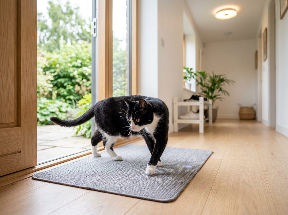 Tuxedo cat triggering a hallway light by walking onto a TrampleTek Blue mat in a doorway