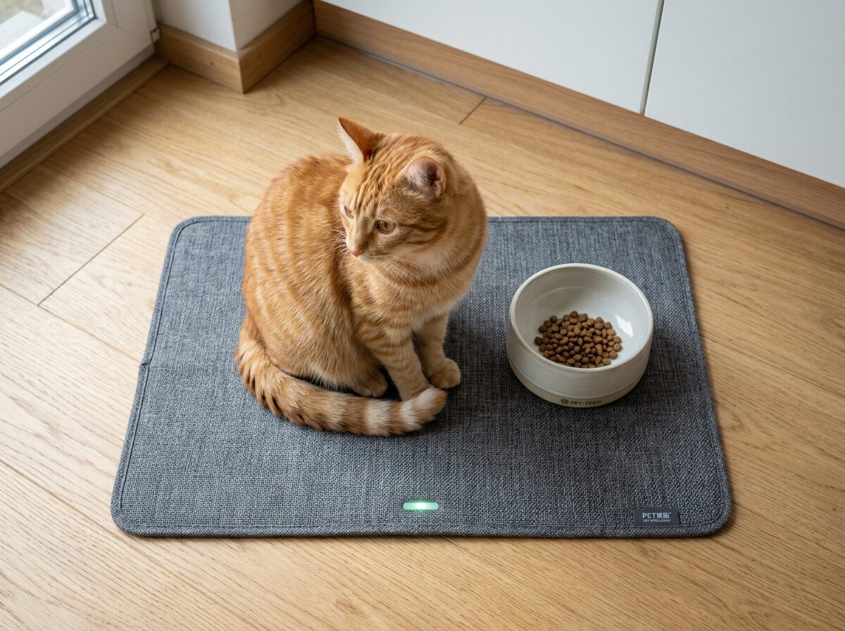 Ginger cat sitting on a TrampleTek Blue smart mat next to a ceramic food bowl