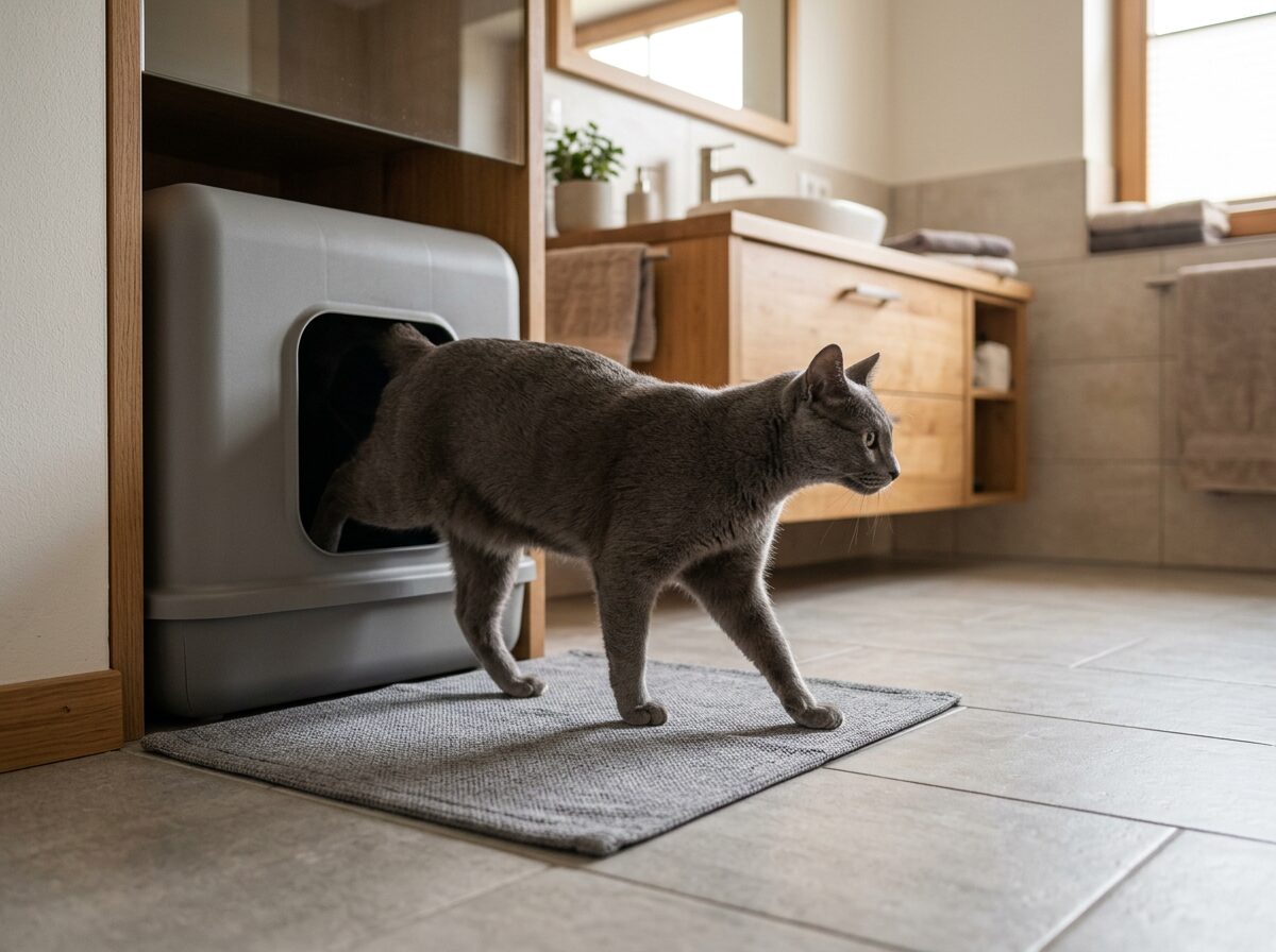 Grey cat stepping off a litter box onto a TrampleTek Blue presence mat in a modern bathroom