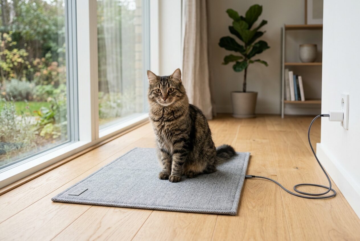 Tabby cat sitting calmly on a TrampleTek Blue smart textile mat in a sunlit room