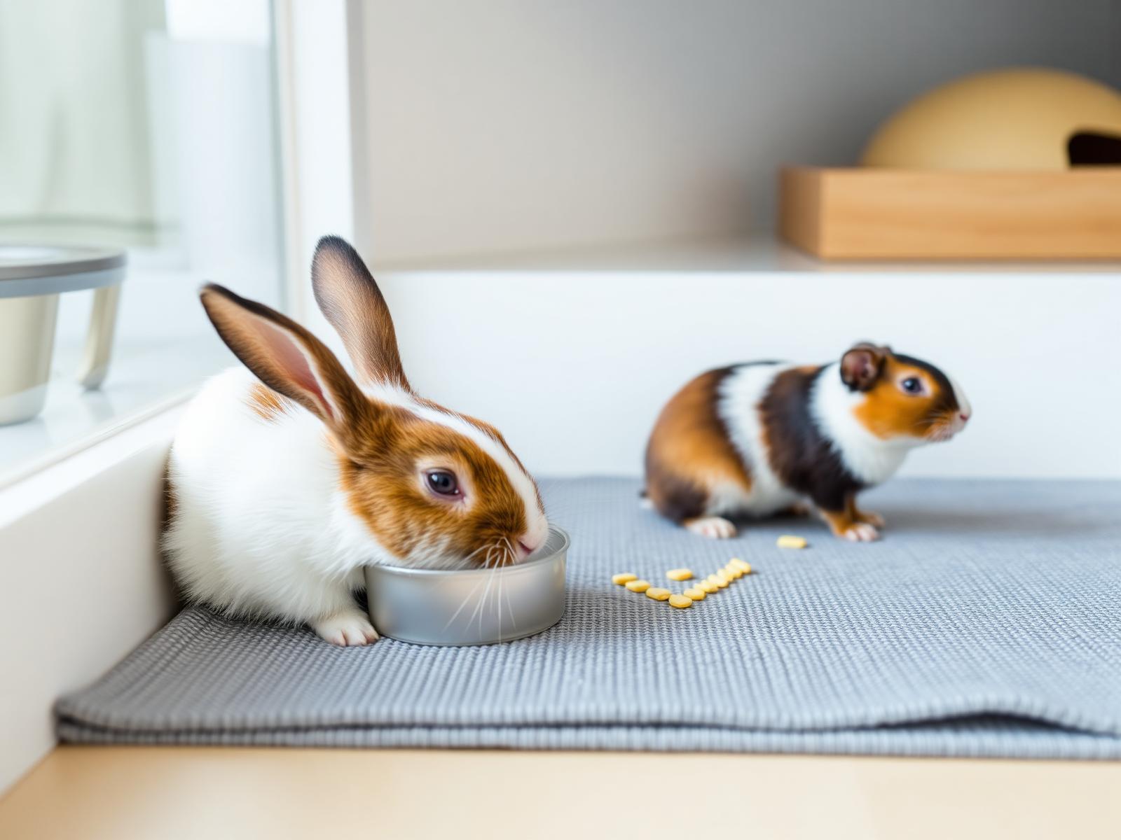 Rabbit and guinea pig at a feeding station on a TrampleTek Blue smart mat