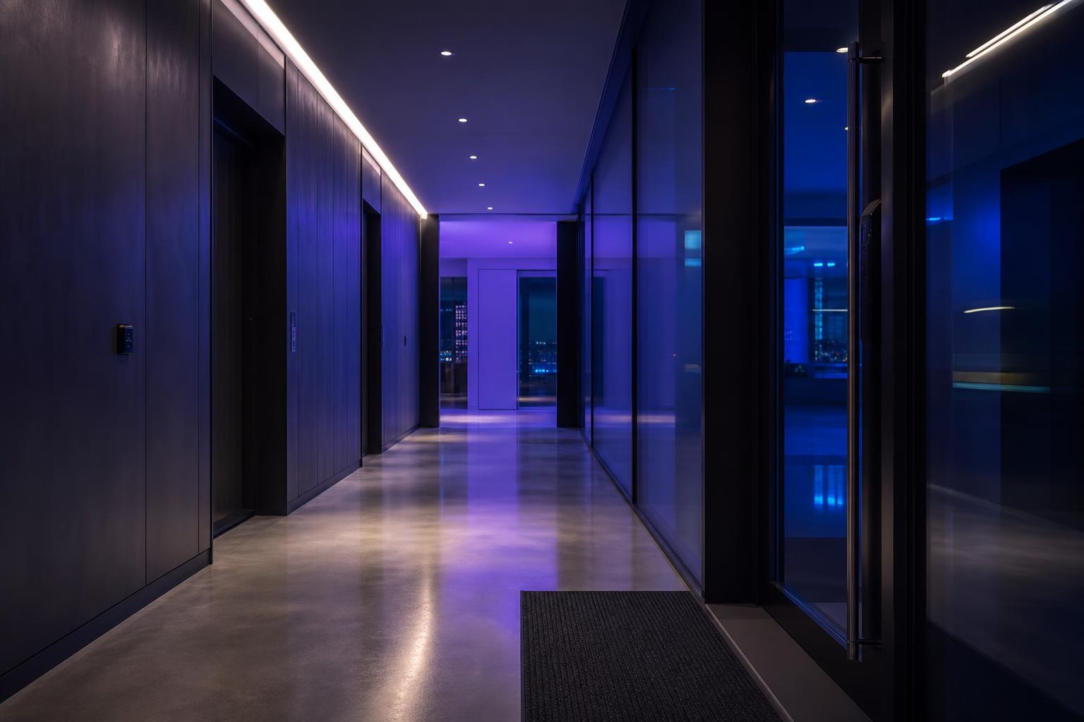 Quiet corporate corridor at night with discreet ASC presence sensing mat at a secure door