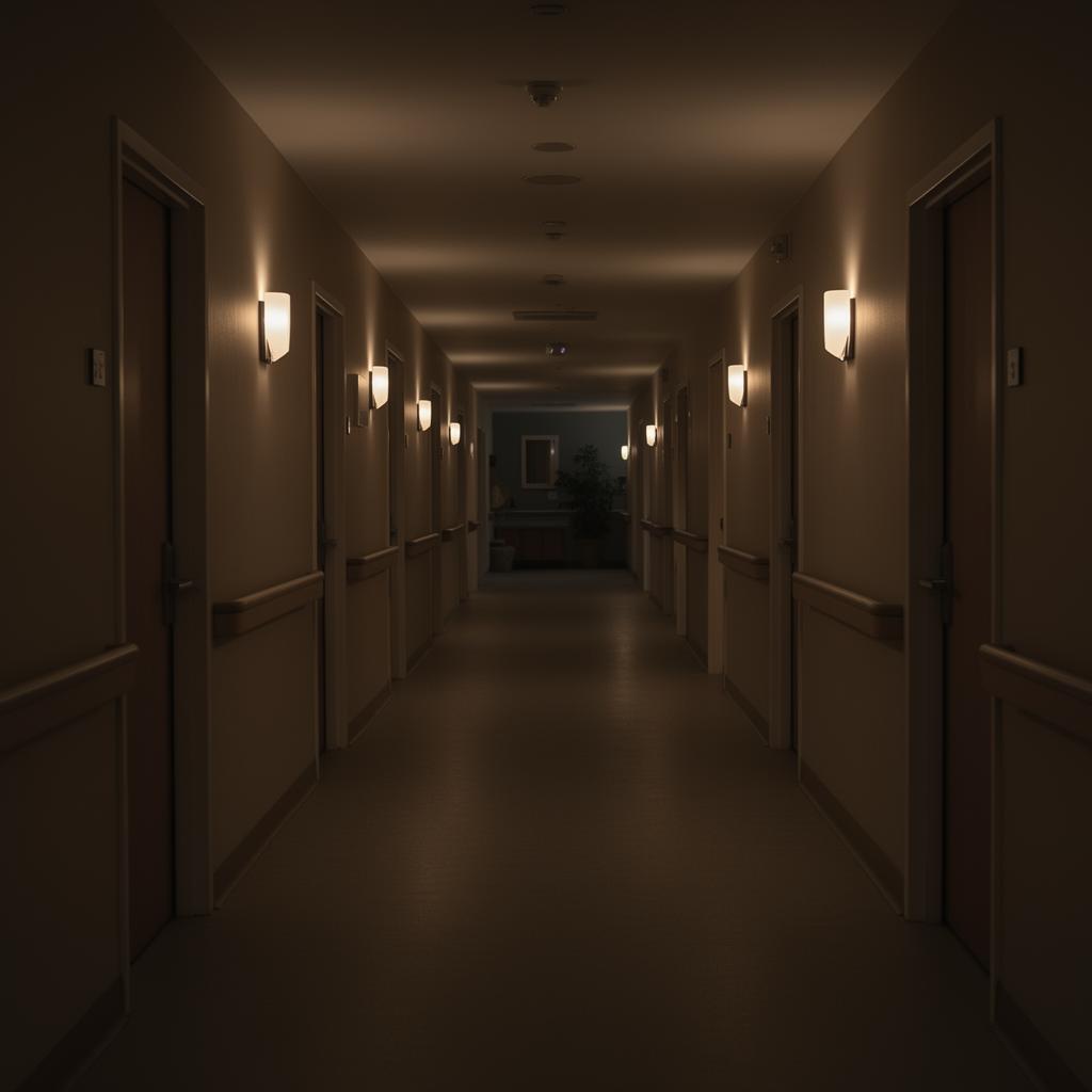 Quiet assisted living corridor at night.