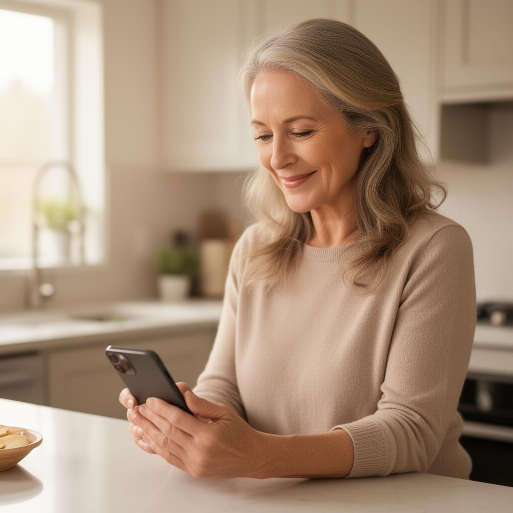 Adult daughter checks her phone in the morning, relaxed and reassured