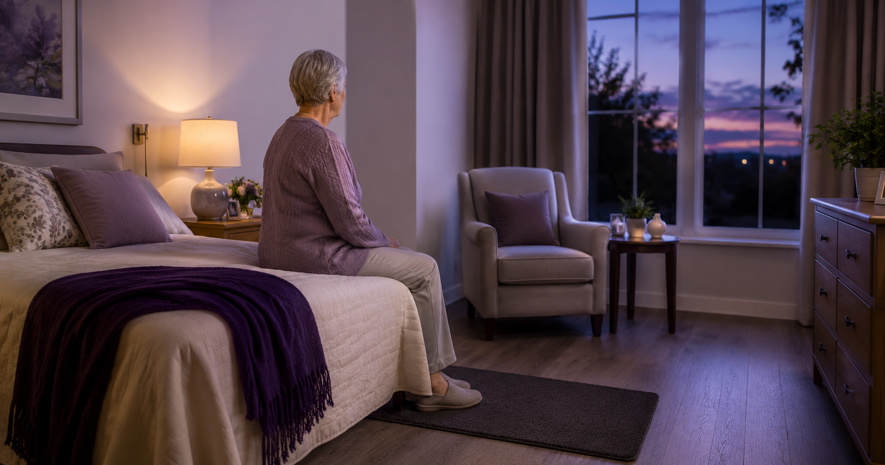 Senior woman sitting on the edge of her bed at dusk in a softly lit senior living bedroom