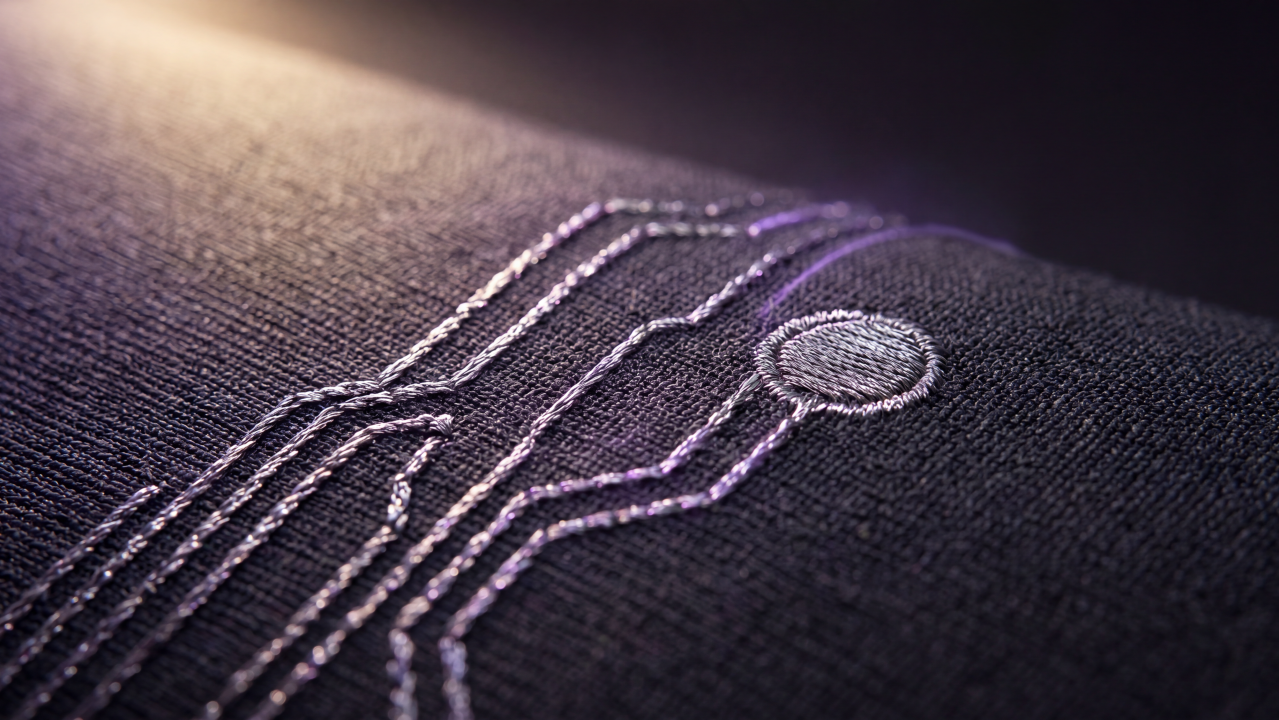 Macro view of conductive thread embroidered into technical fabric forming a sensor pad
